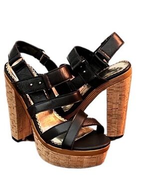 BeBe Black Leather Strappy Platform High Heel Paulina Sandals Size 9